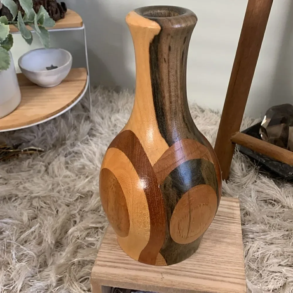 Decorative Handcrafted Wooden Vase Unsigned Made With Multiple Varieties Of Wood